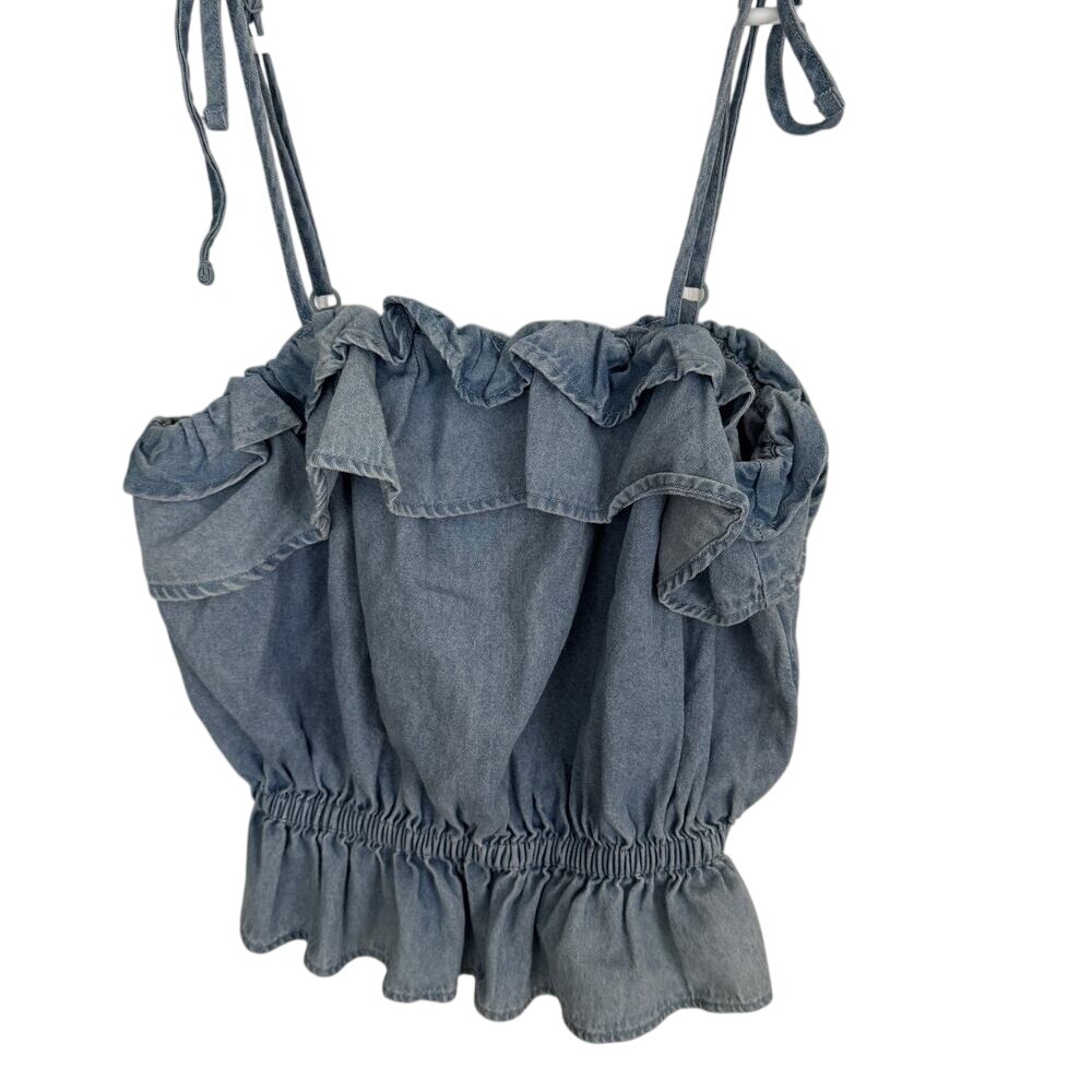 American Eagle Top Women's Blue Denim‎ Ruffle Adjustable Straps Crop Sz XS